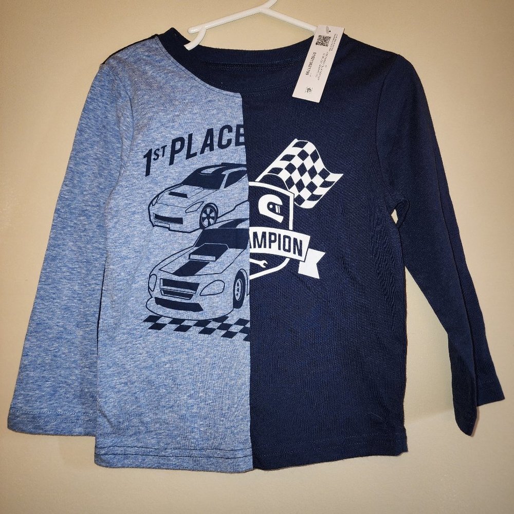 Garanimals Race Car Tee Shirt Boys Size 3T 2 Tone Blue Long Sleeve New With Tags